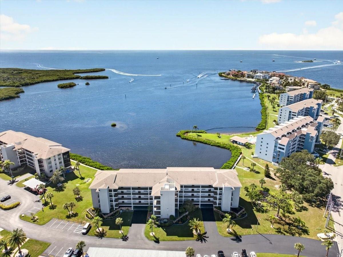 Aerial view of the condo buildings and the Gulf, 8251 Brent Street #918