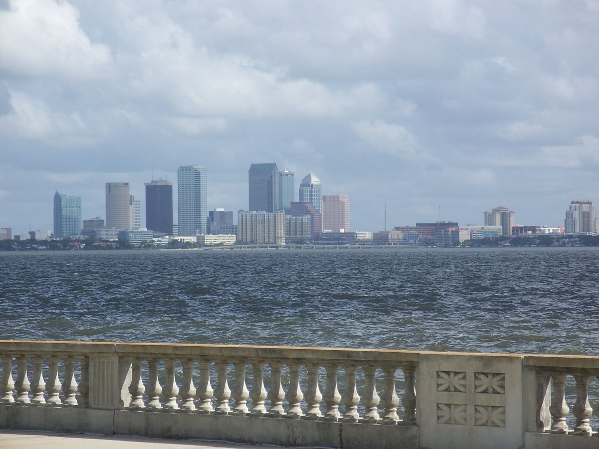 Downtown Tampa skyline across Hillsborough Bay from the Bayshore Boulevard balustrade